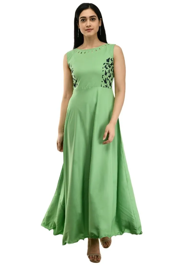 Generic Women's Crepe Solid Sleeveless Full Length Gown(Green)