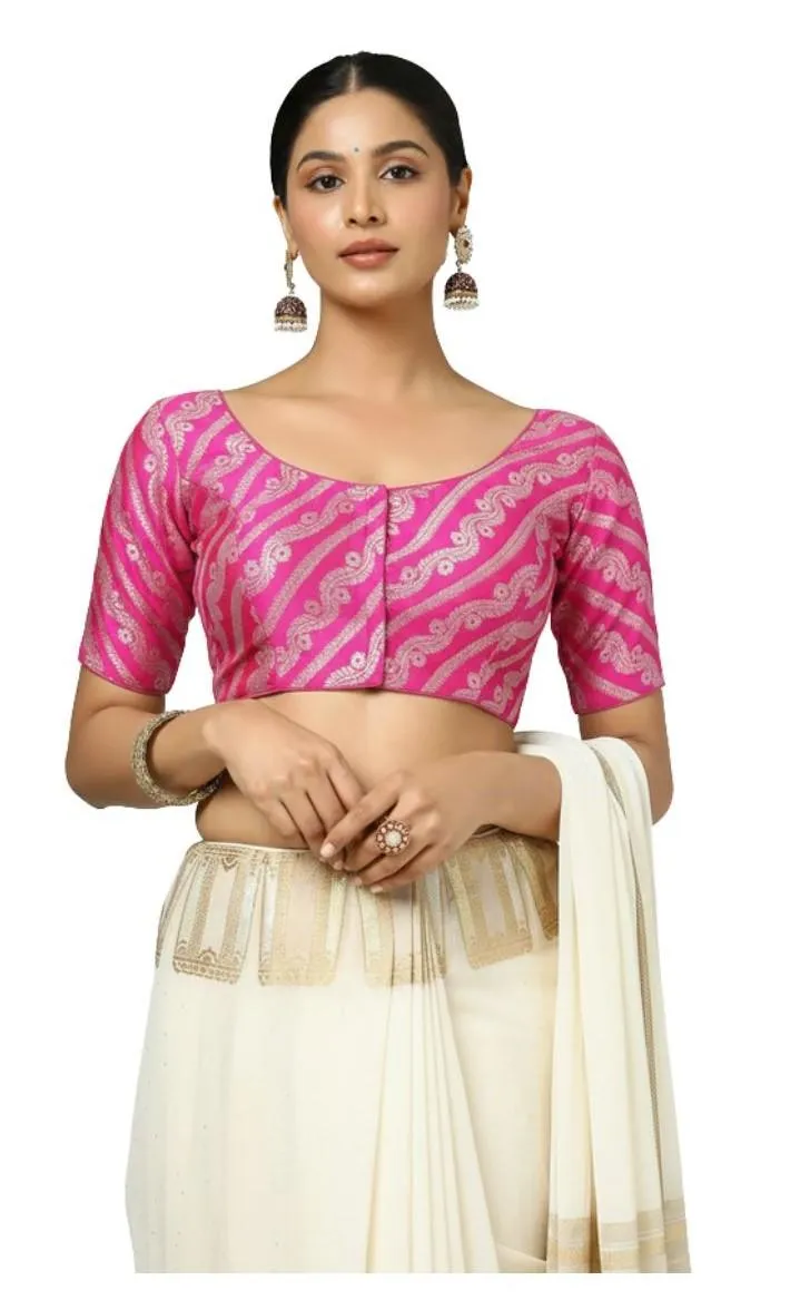 Generic Women's Jacquard Zari Round Neck Padded Blouse (Pink 38 Ready (Self Alterable 36–40)