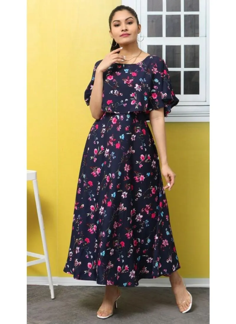 Generic Women's Crepe Floral Half Sleeves Full Length Gown(Dark Blue)