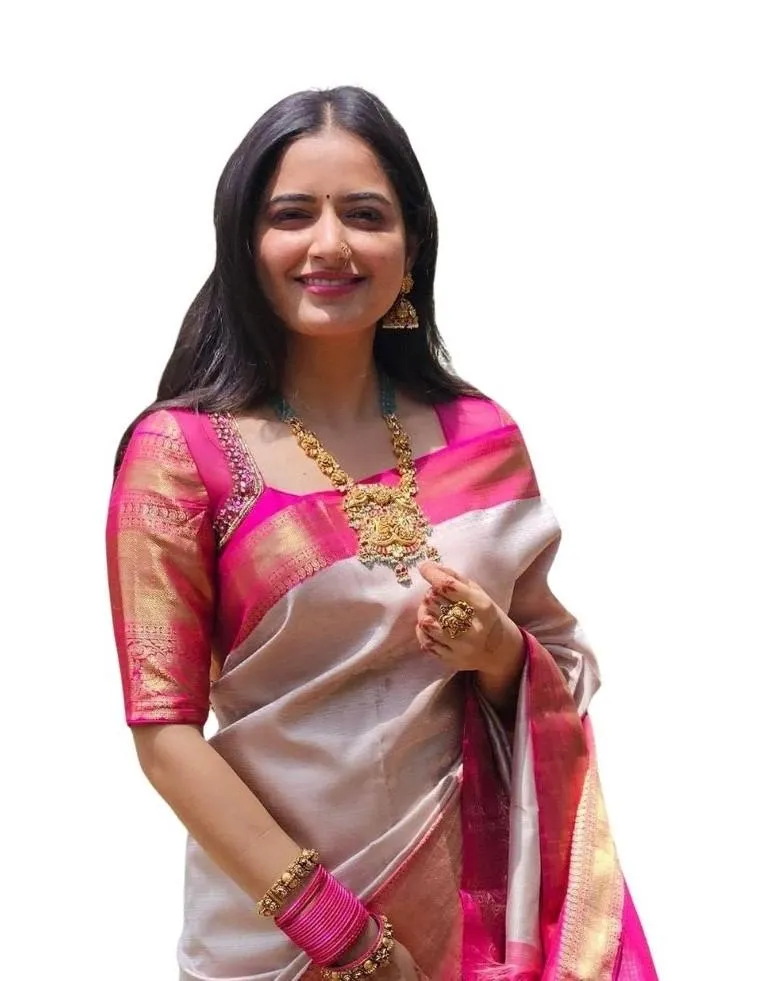 Generic Women's Soft Lichi Silk Printed Saree With Unstitched Blouse 5.5Mtr (Grey)