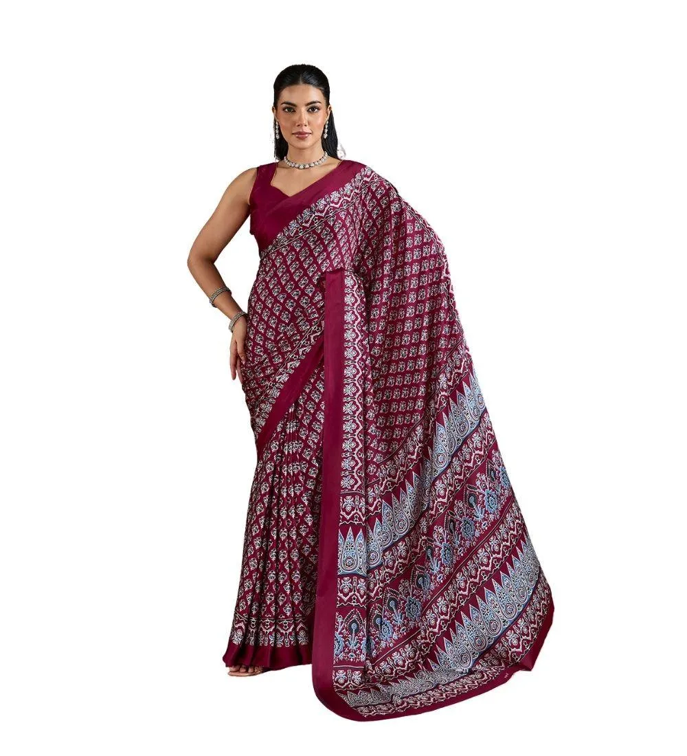 Generic Women's Satin Crepe Printed Saree With Unstitched Blouse 5.5Mtr (Maroon)