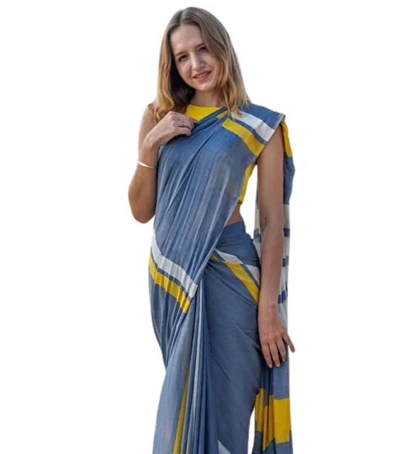 Generic Women's Linen Printed Saree With Unstitched Blouse 5.5Mtr (Blue)