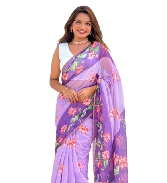 Generic Women's Linen Printed Saree With Unstitched Blouse 5.5Mtr (Purple)