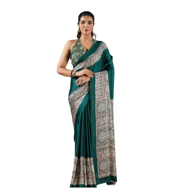 Generic Women's Satin Crepe Printed Saree With Unstitched Blouse 5.5Mtr (Green)