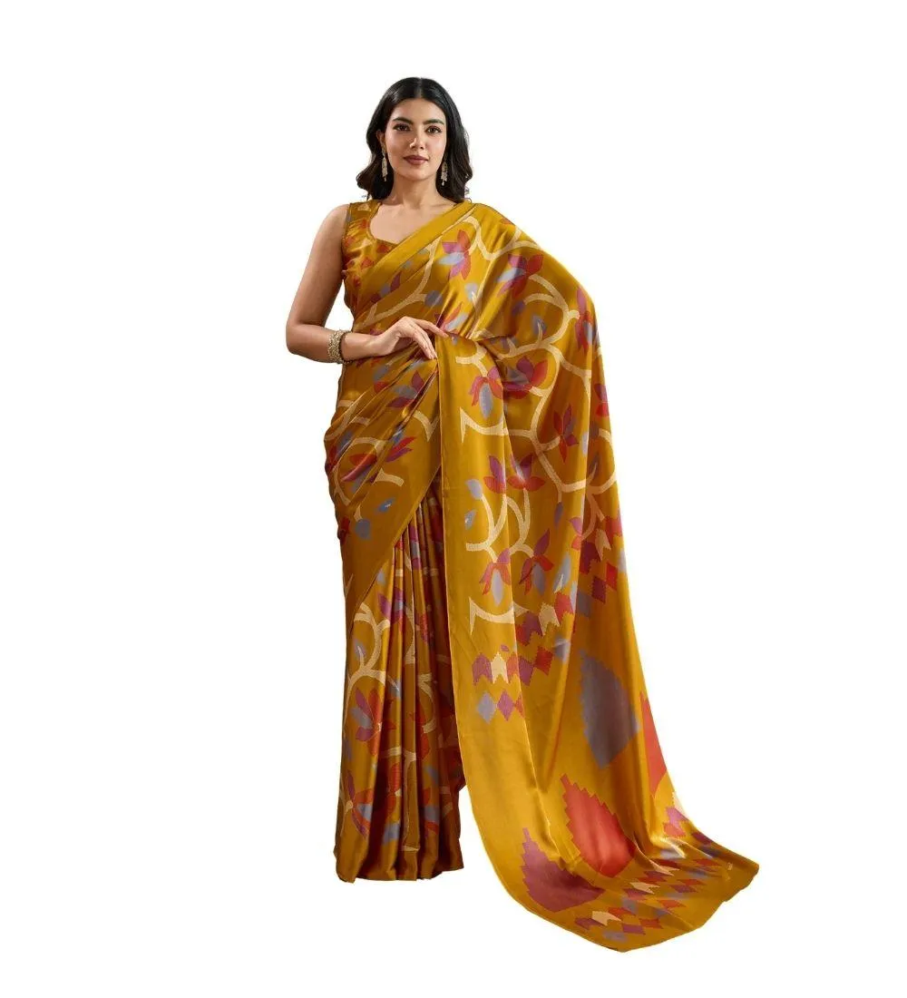 Generic Women's Satin Crepe Printed Saree With Unstitched Blouse 5.5Mtr (Mustard)