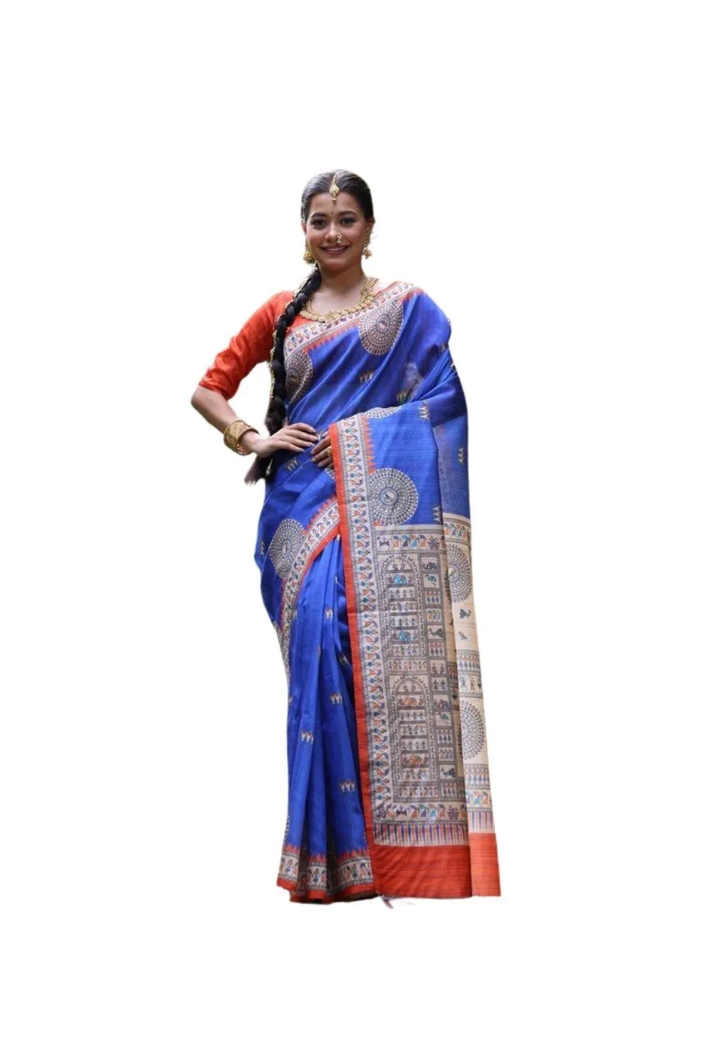 Generic Women's Faux_Tussar_Silk Printed Saree With Unstitched Blouse 5.5Mtr (Navy_Blue)