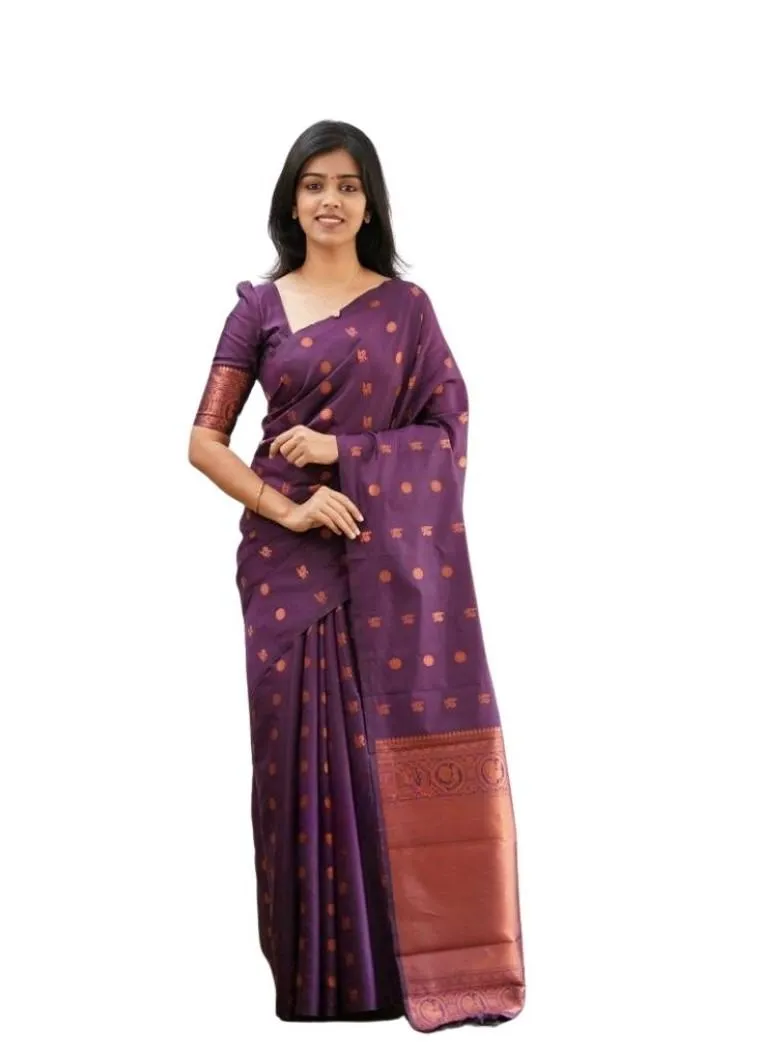 Generic Women's Soft Lichi Silk Printed Saree With Unstitched Blouse 5.5Mtr (Purple)
