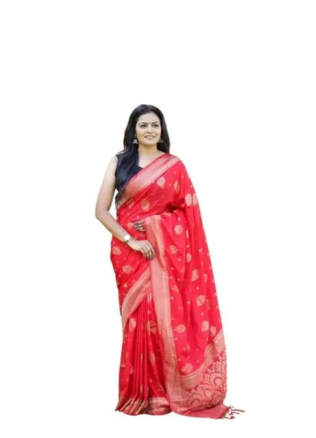 Generic Women's Soft Lichi Silk Printed Saree With Unstitched Blouse 5.5Mtr (Red)