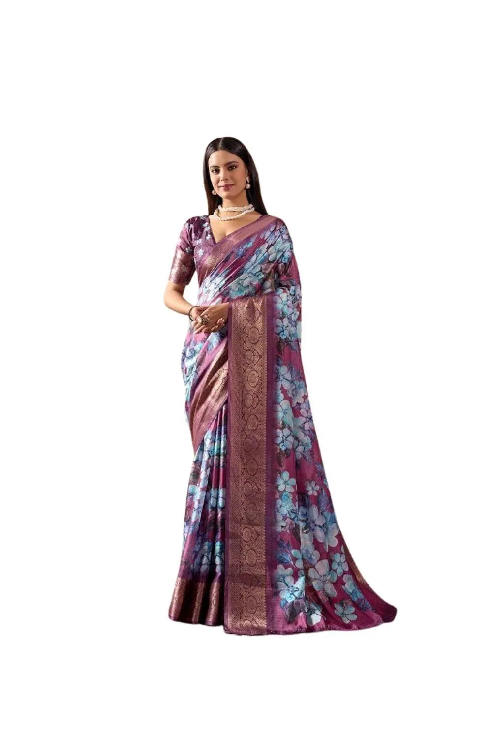 Generic Women's Faux_Silk Printed Saree With Unstitched Blouse 5.5Mtr (Blue)