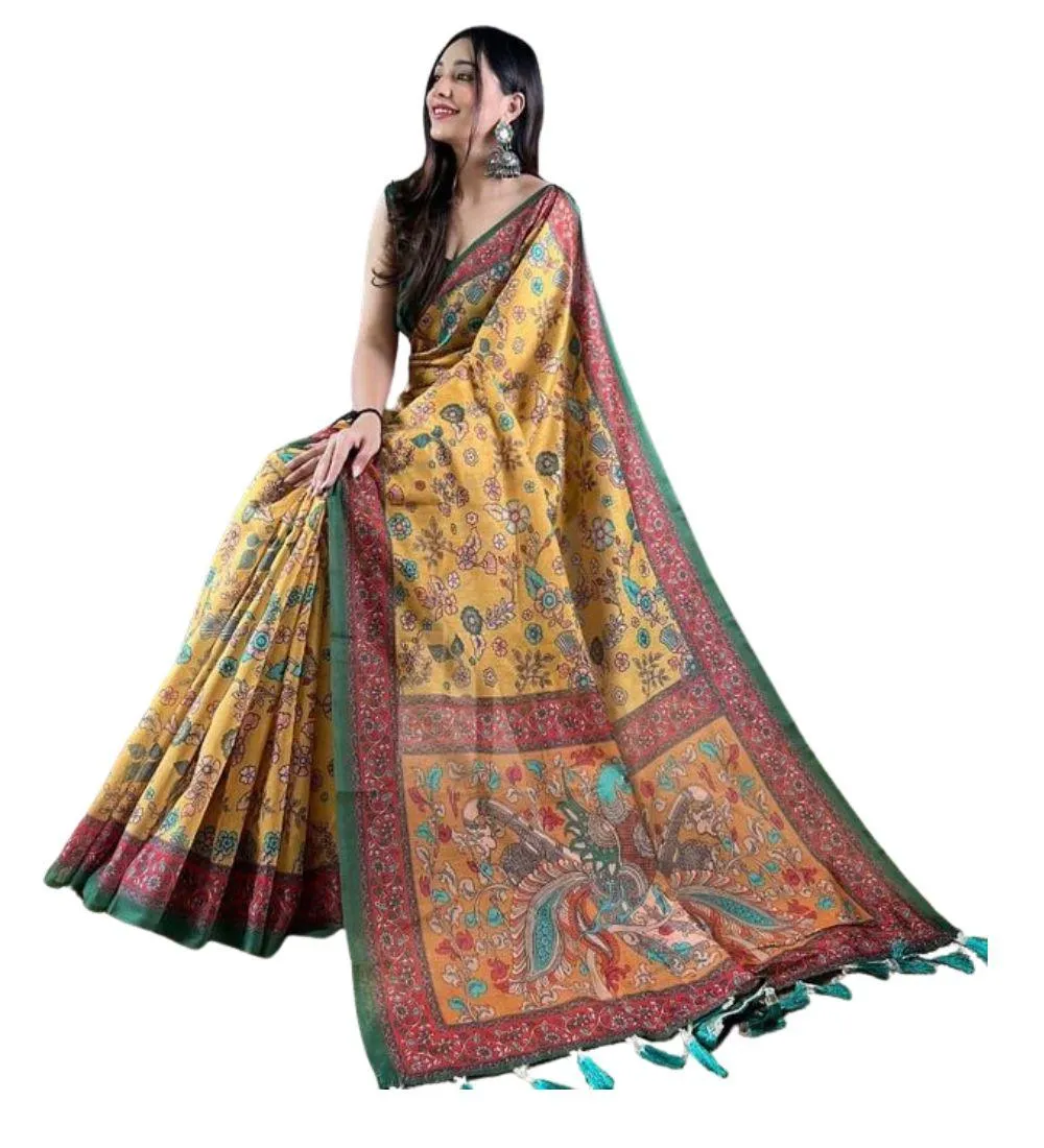 Generic Women's Linen Printed Saree With Unstitched Blouse 5.5Mtr (Yellow)