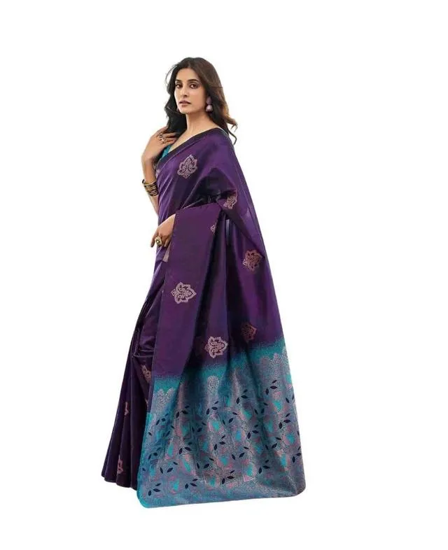 Generic Women's Soft Lichi Silk Printed Saree With Unstitched Blouse 5.5Mtr (Blue)