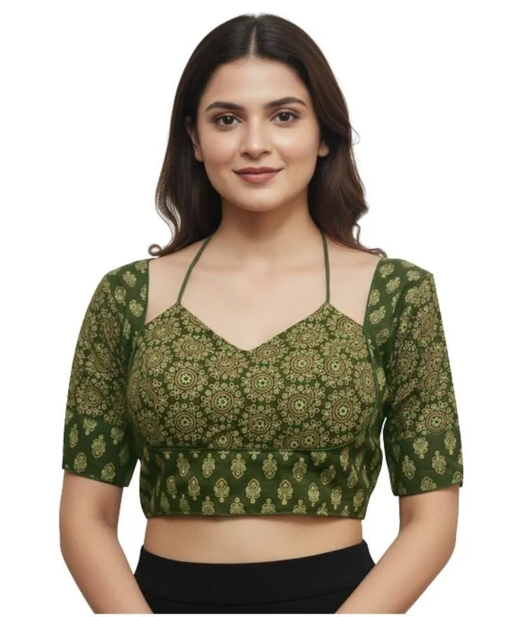 Generic Women's Ajrakh Cotton Printed Sweetheart Padded Blouse (Olive 38 Ready (Self Alterable 36–40)