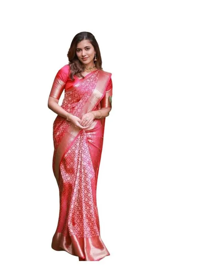Generic Women's Soft Lichi Silk Printed Saree With Unstitched Blouse 5.5Mtr (Pink)