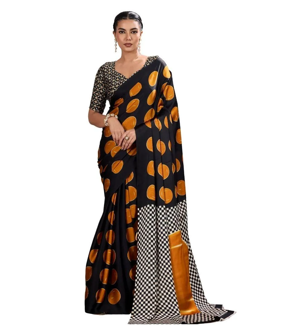 Generic Women's Satin Crepe Printed Saree With Unstitched Blouse 5.5Mtr (Mustard)