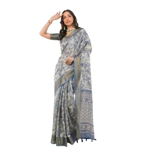 Generic Women's Polyester Printed Saree With Unstitched Blouse 5.5 Mtr (Grey)