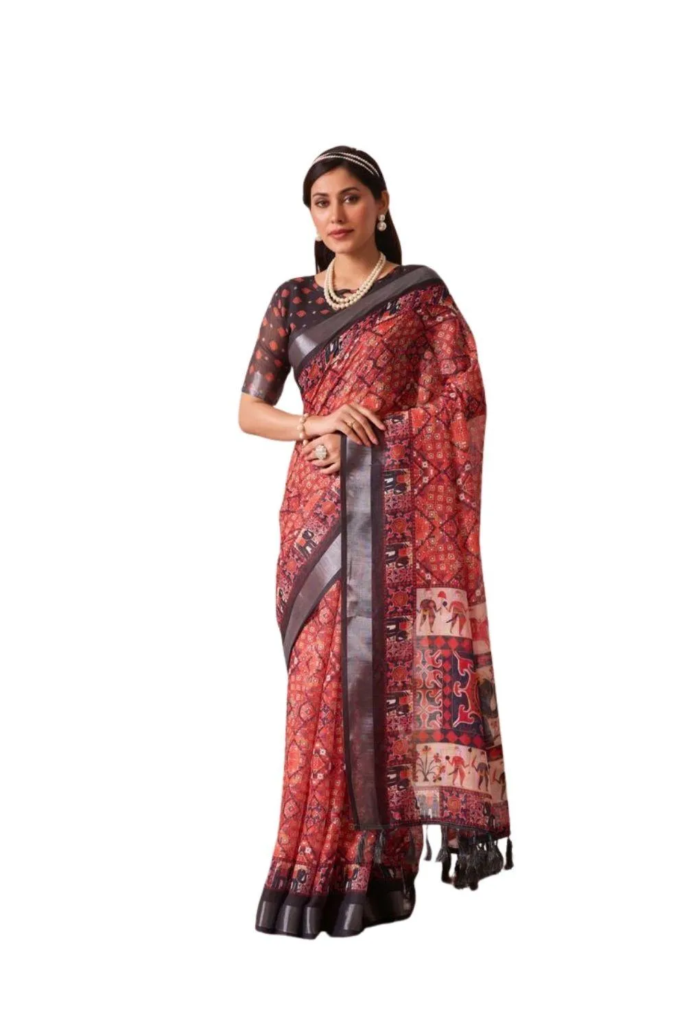 Generic Women's Faux_Linen Printed Saree With Unstitched Blouse 5.5Mtr (Red)