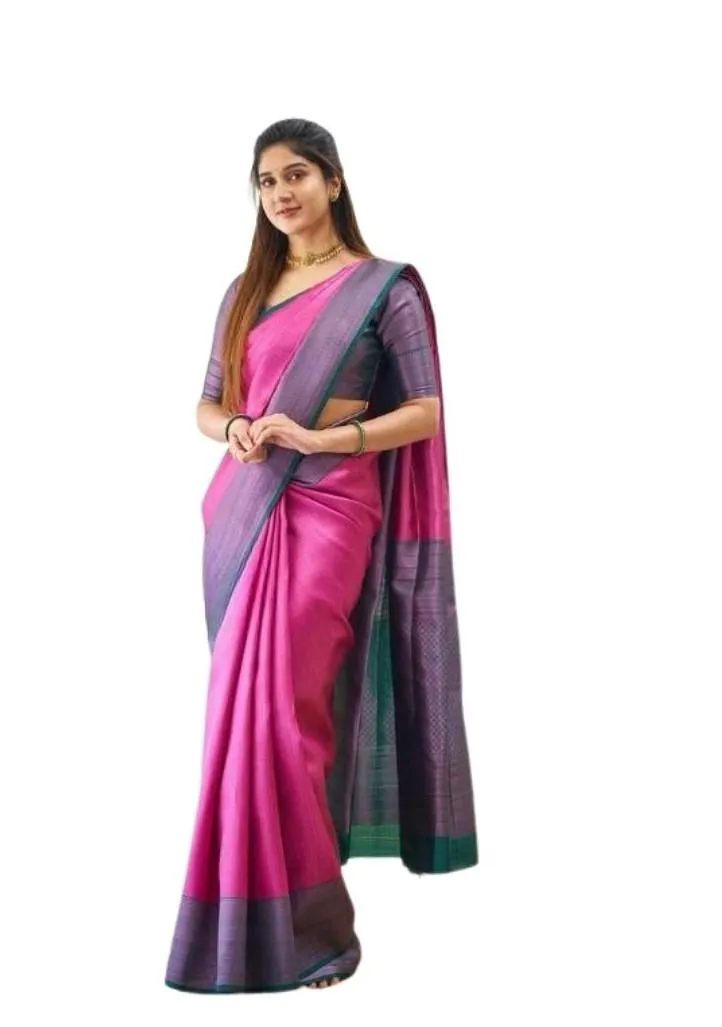 Generic Women's Soft Lichi Silk Printed Saree With Unstitched Blouse 5.5Mtr (Pink)