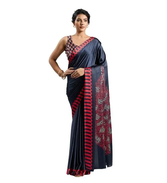 Generic Women's Satin Crepe Printed Saree With Unstitched Blouse 5.5Mtr (Navy Blue)