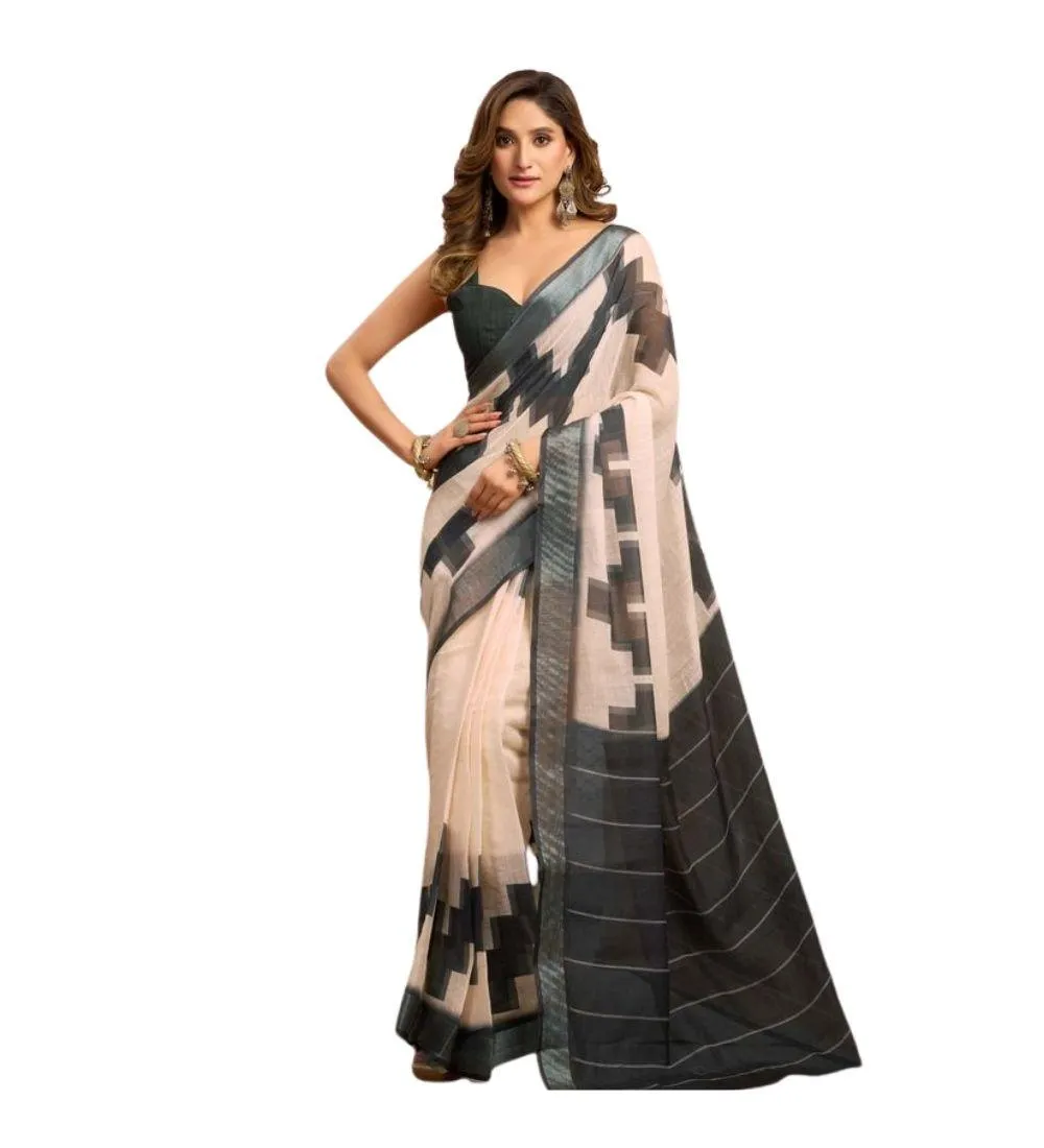 Generic Women's Linen Cotton Printed Ready To Wear With Pocket Saree With Unstitched Blouse 5.5 Mtr (Light_Beige)