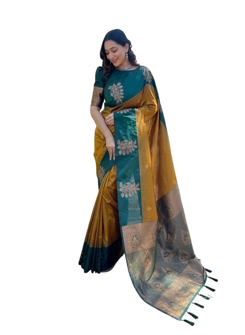 Generic Women's Soft Lichi Silk Printed Saree With Unstitched Blouse 5.5Mtr (Mustard )
