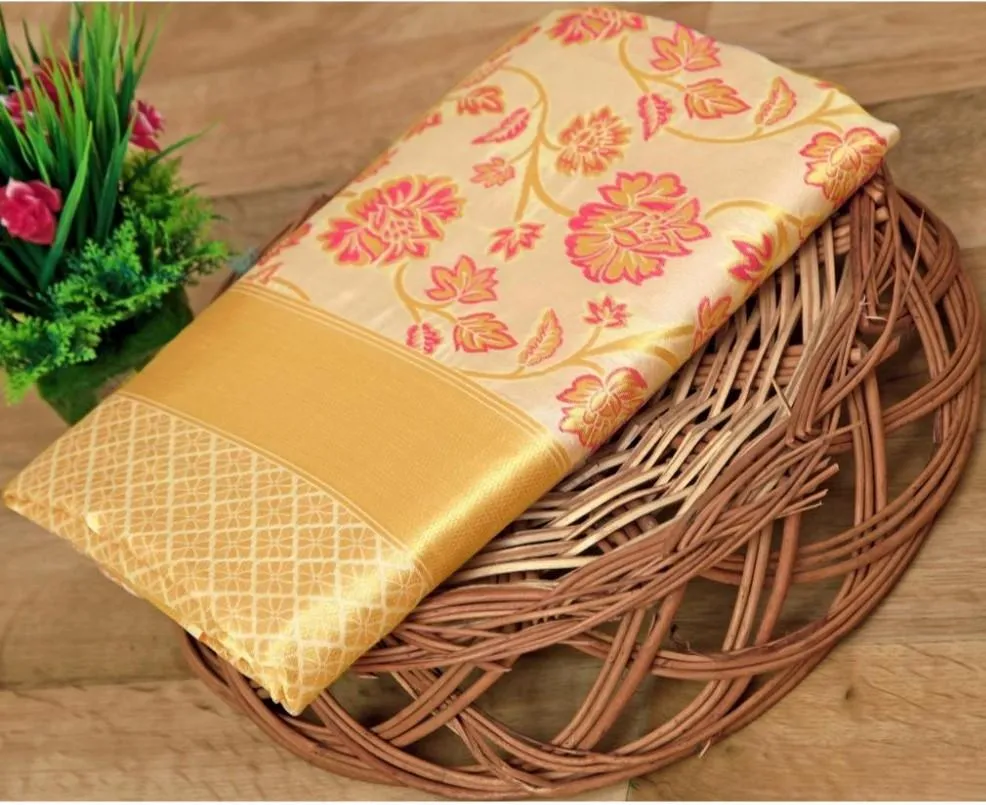 Generic Women's Soft Lichi Silk Printed Saree With Unstitched Blouse 5.5Mtr (Gold)