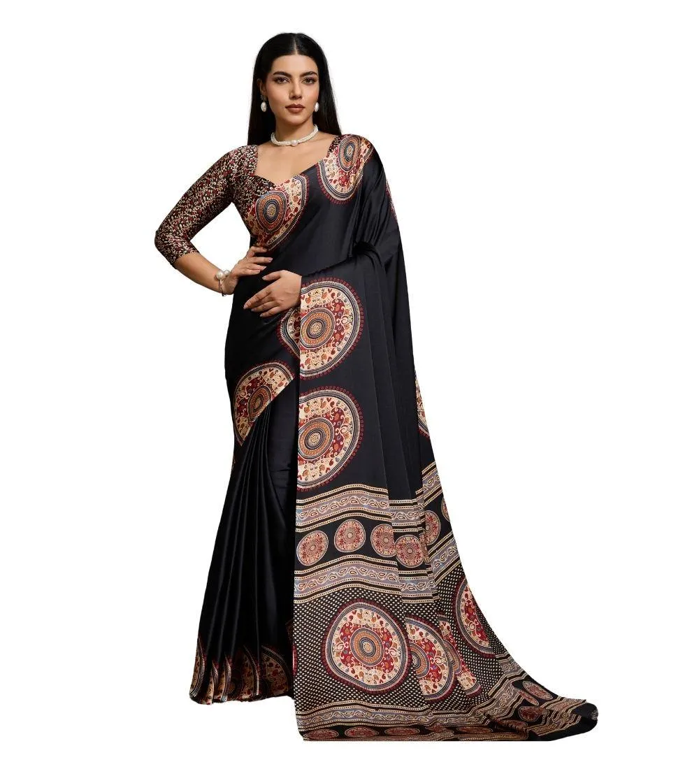 Generic Women's Satin Crepe Printed Saree With Unstitched Blouse 5.5Mtr (Black)