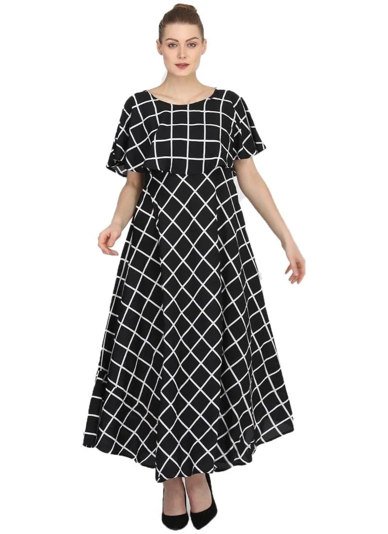 Generic Women's Crepe Checked Half Sleeves Full Length Gown(Black)