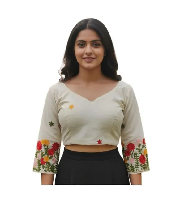 Generic Women's Cambric Cotton Round Neck Padded Blouse (White, 38 Ready Size (Self-Alterable 36–40)