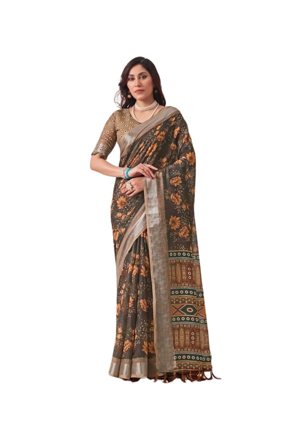 Generic Women's Faux_Linen Printed Saree With Unstitched Blouse 5.5Mtr (Slate_Grey)