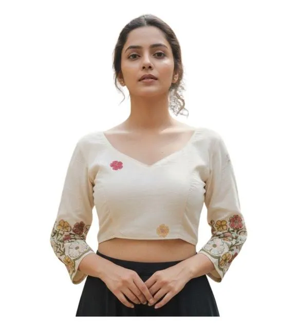 Generic Women's Cambric Cotton Round Neck Padded Blouse (White, 38 Ready Size (Self-Alterable 36–40)