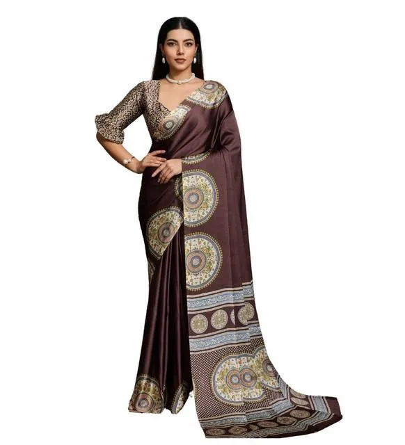 Generic Women's Satin Crepe Printed Saree With Unstitched Blouse 5.5Mtr (Brown)