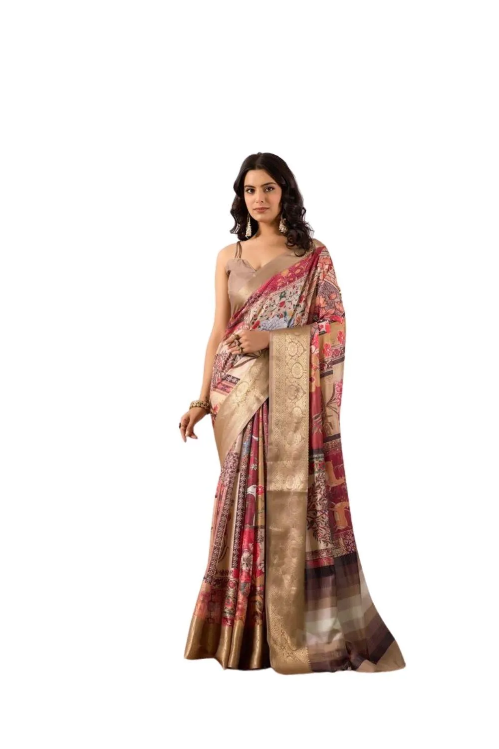 Generic Women's Faux_Silk Printed Saree With Unstitched Blouse 5.5Mtr (Beige)