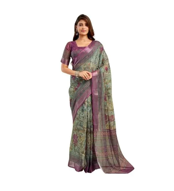 Generic Women's Linen Cotton Printed Ready To Wear Saree With Unstitched Blouse 5.5 Mtr (Multicolor)