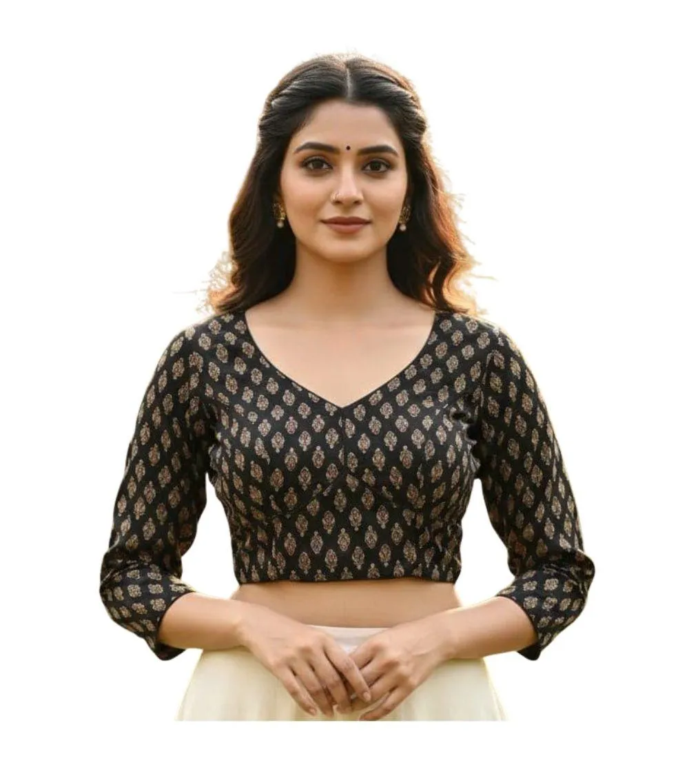 Generic Women's Ajrakh Cotton Halter Neck Padded Blouse (Black, 38 Ready Size (Self-Alterable 36–40)