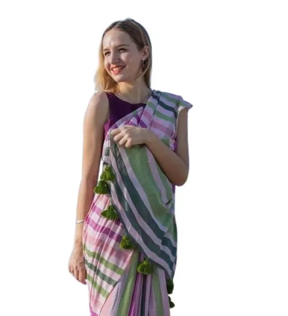 Generic Women's Linen Printed Saree With Unstitched Blouse 5.5Mtr (Pink)