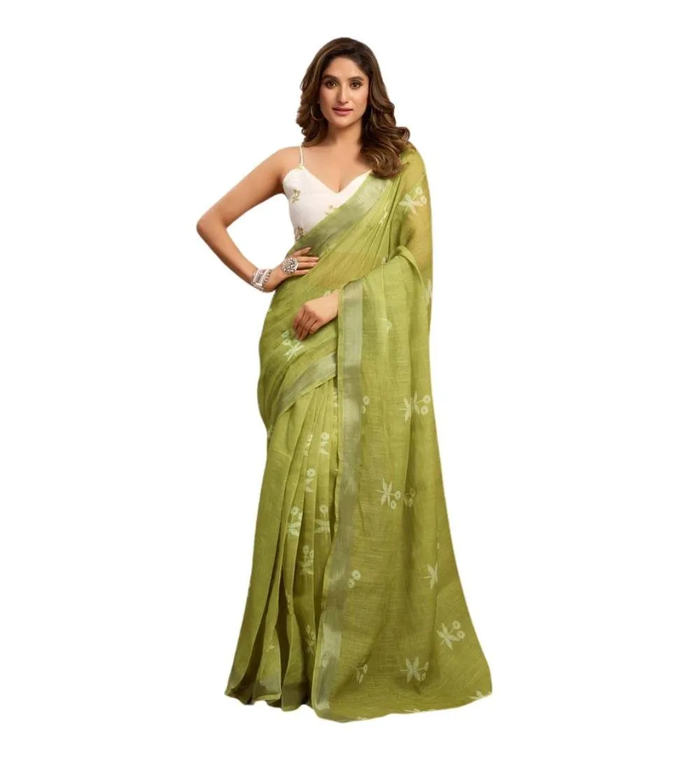 Generic Women's Linen Cotton Printed Ready To Wear Saree With Unstitched Blouse 5.5 Mtr (Light_Green)