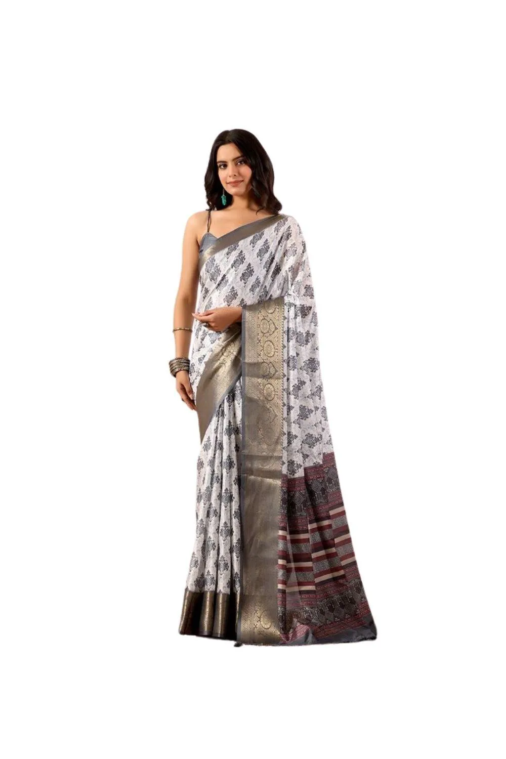 Generic Women's Faux_Silk Printed Saree With Unstitched Blouse 5.5Mtr (White)