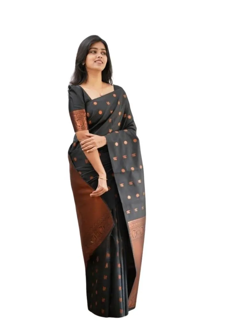 Generic Women's Soft Lichi Silk Printed Saree With Unstitched Blouse 5.5Mtr (Black)