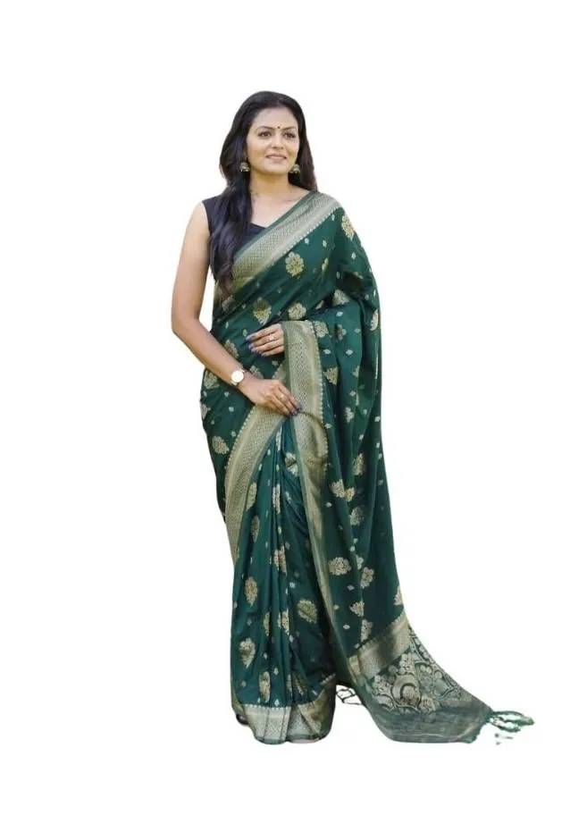 Generic Women's Soft Lichi Silk Printed Saree With Unstitched Blouse 5.5Mtr (Bottle-Green)