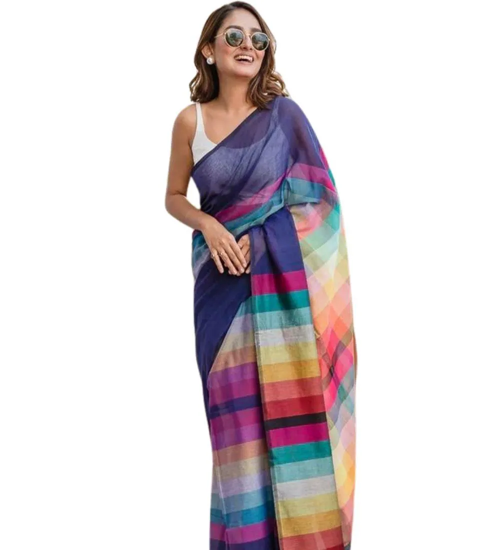 Generic Women's Linen Printed Saree With Unstitched Blouse 5.5Mtr (Navy)