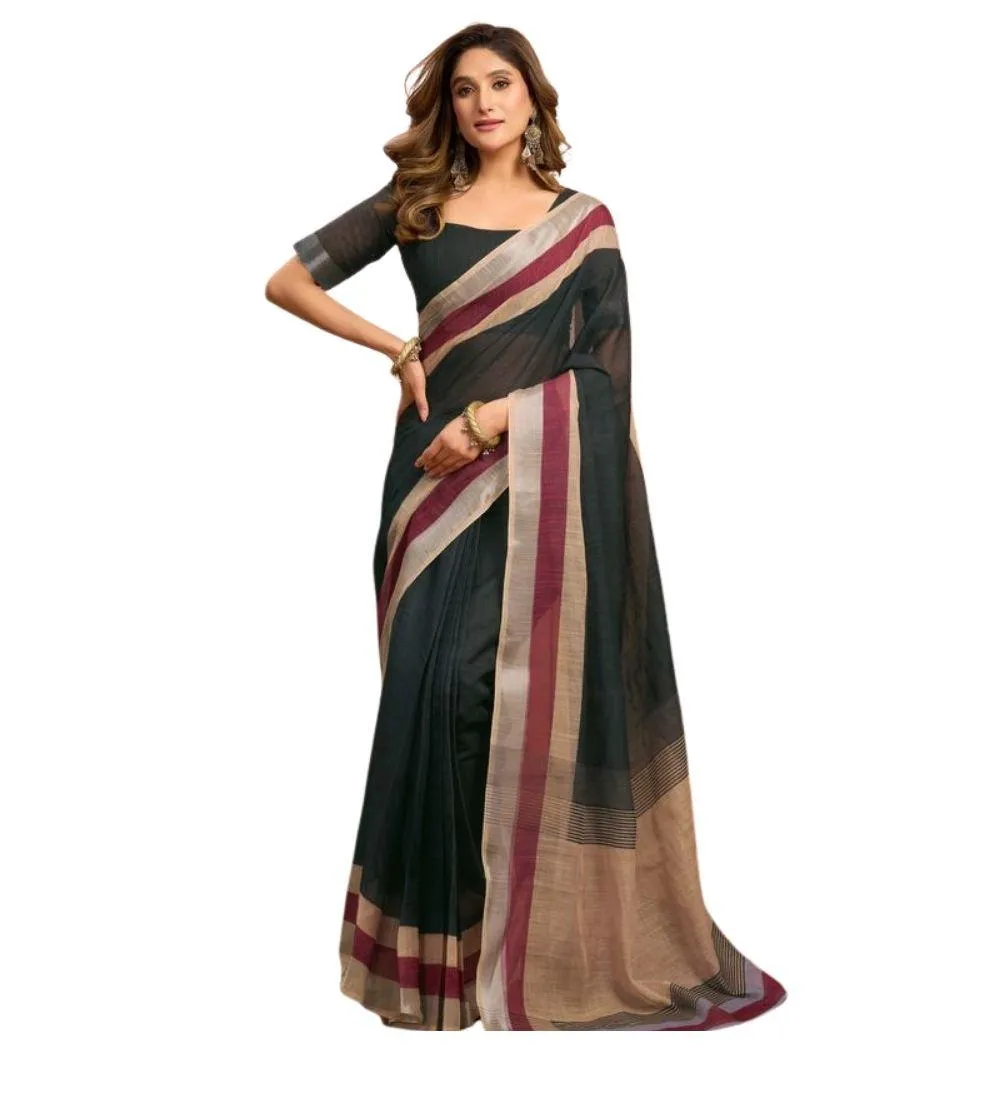 Generic Women's Linen Cotton Plain Ready To Wear With Pocket Saree With Unstitched Blouse 5.5 Mtr (Black)